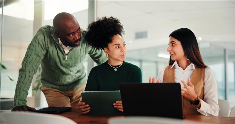 Woman team and laptop with tablet