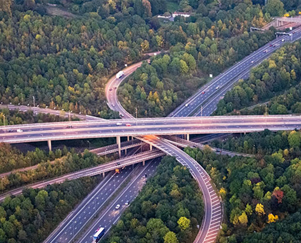 Sinuous curves of M25 motorway interchange at dusk