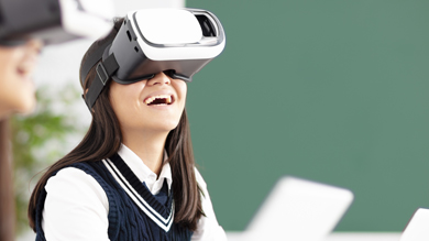 Girl wearing VR and smiling