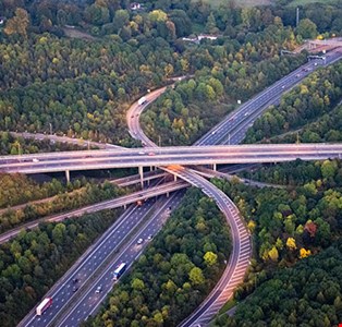 Sinuous curves of M25 motorway interchange at dusk