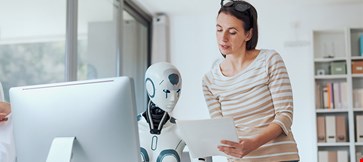 Woman AI robot working together office
